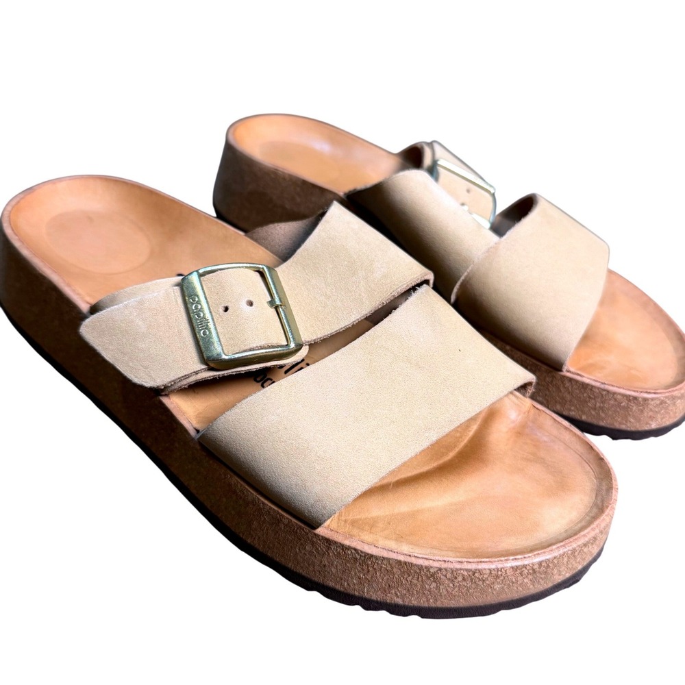 Birkenstock Tan Suede Two-Strap Slide Sandals with Gold Buckles